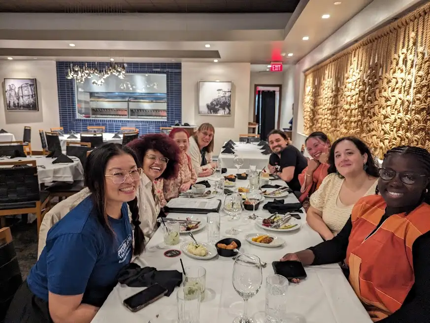PyLadiesCon team members having dinner together. Georgi, Laís, Mariatta, Naomi, Cristián, Cheuk, Maria Jose, Abigail PyLadiesCon team dinner